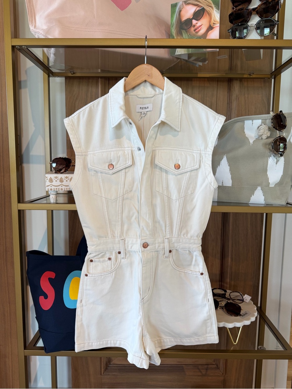 Pistola Cream Denim Button-Front Romper
